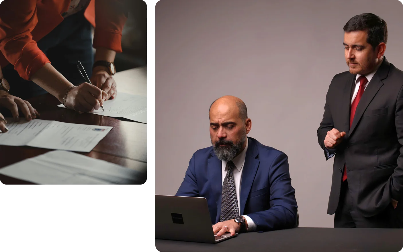 Dos abogados conversando en una oficina moderna.